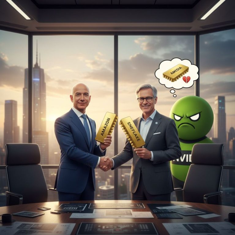 AWS와 Snowflake 경영진이 칩을 들고 악수하는 사이 Nvidia가 창문 밖에서 질투하는 모습