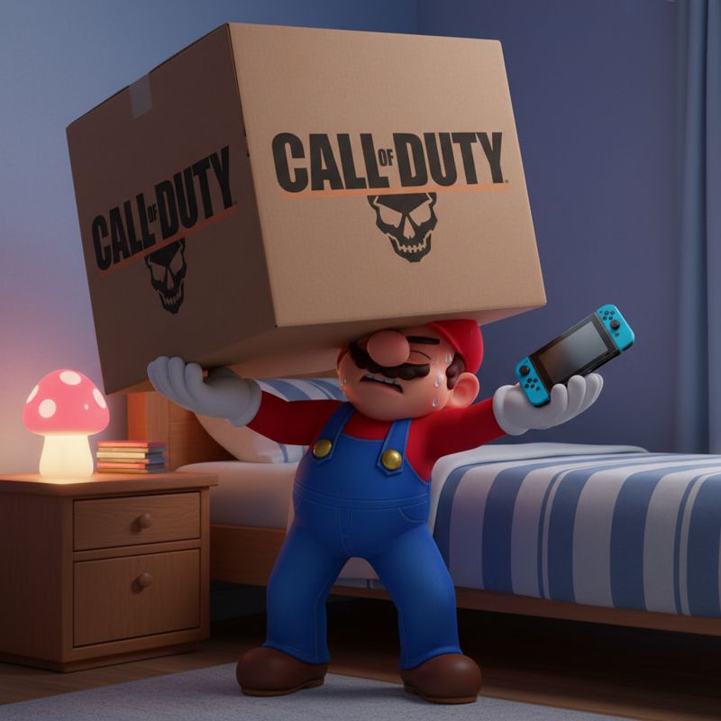 마리오가 Switch 2로 Call of Duty를 힘겹게 들고 있는 만화 그림