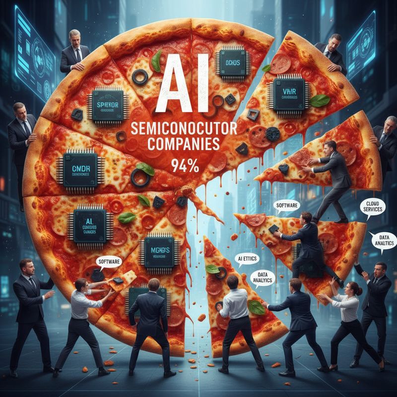 거대한 피자(‘AI 산업’), 94%를 독차지한 반도체 기업 캐릭터와 구석에서 작은 조각 놓고 실랑이하는 소프트웨어·로봇·의료 AI 캐릭터들