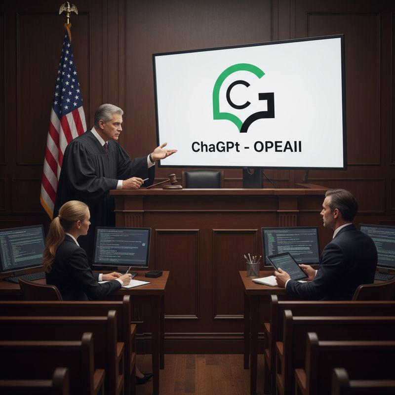 법정에서 판사가 ChatGPT 로고가 켜진 모니터에 대고 엄중하게 질문하는 모습