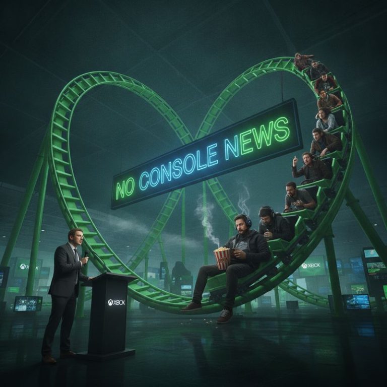 Xbox 담당자가 무대에서 발표하는 동안, 뒤에 롤러코스터를 타고 실망하거나 기대하는 게이머들과 "No Console News" 불빛이 보임.