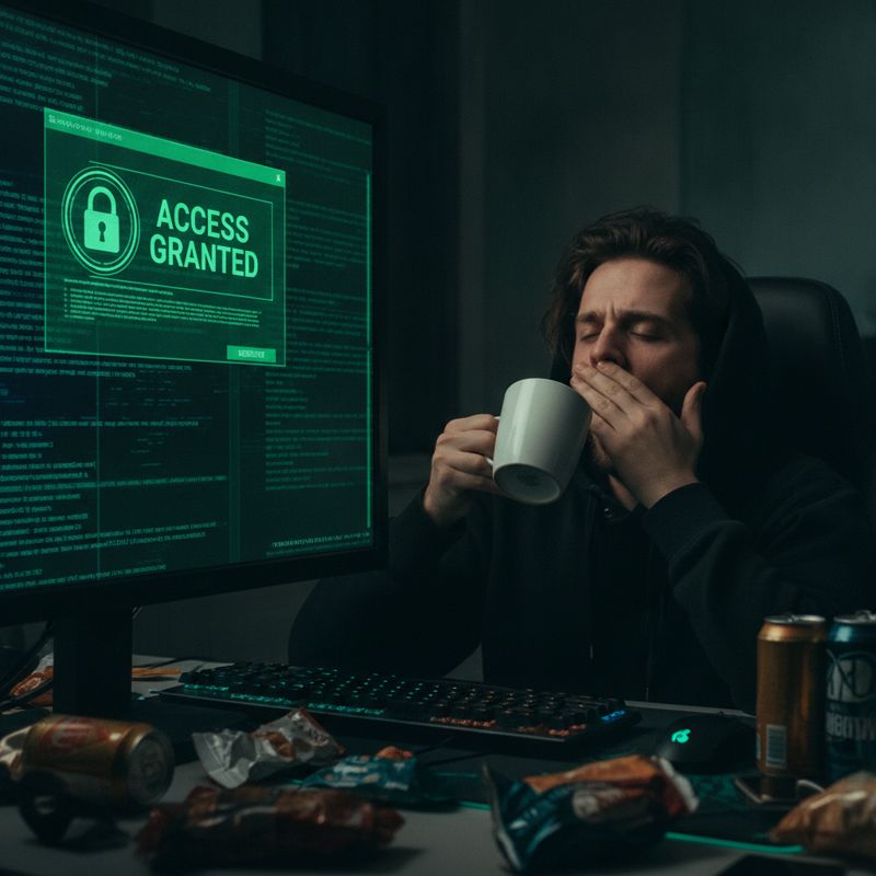 지루해하는 해커가 'ACCESS GRANTED' 화면을 보고 있다