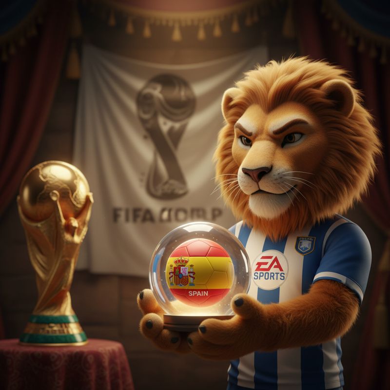 EA Sports 마스코트가 크리스탈 볼로 2026 월드컵 우승팀을 예언하는 모습, 스페인 축구공이 강조됨