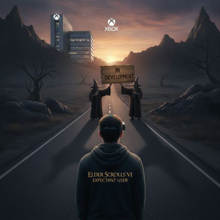 Microsoft 빌딩에서 Xbox 캐릭터가 박스를 들고 나오고, 옆에서는 엘더스크롤 팬이 '아직도 개발 중' 팻말을 들고 기다리는 모습