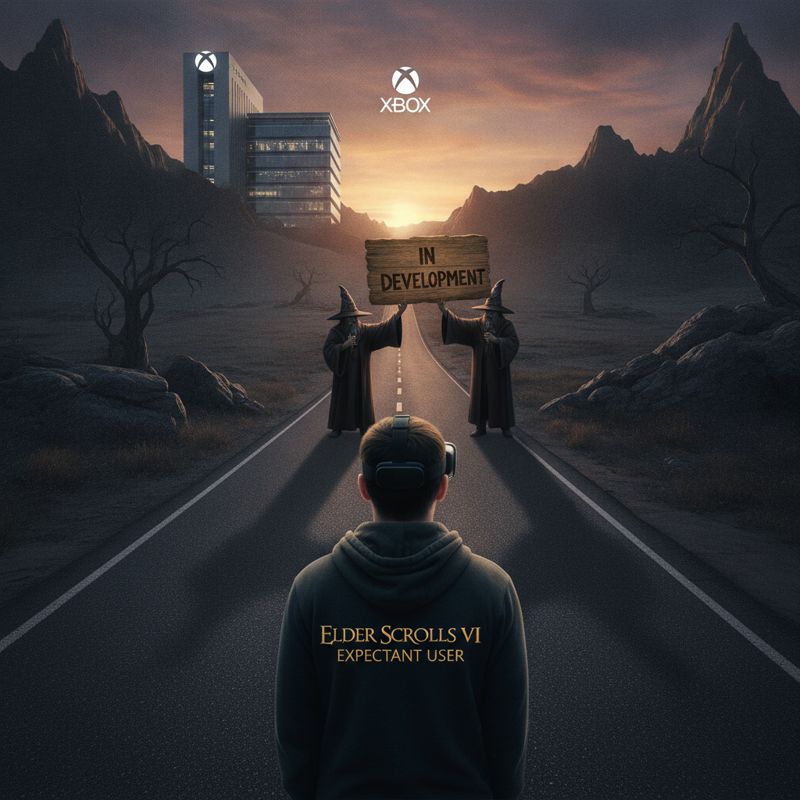 Microsoft 빌딩에서 Xbox 캐릭터가 박스를 들고 나오고, 옆에서는 엘더스크롤 팬이 '아직도 개발 중' 팻말을 들고 기다리는 모습
