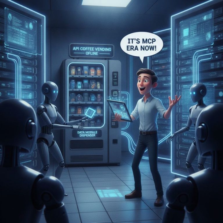 API를 팔던 직장인이 AI 로봇들에게 데이터를 넘기며 MCP 시대를 외치는 장면
