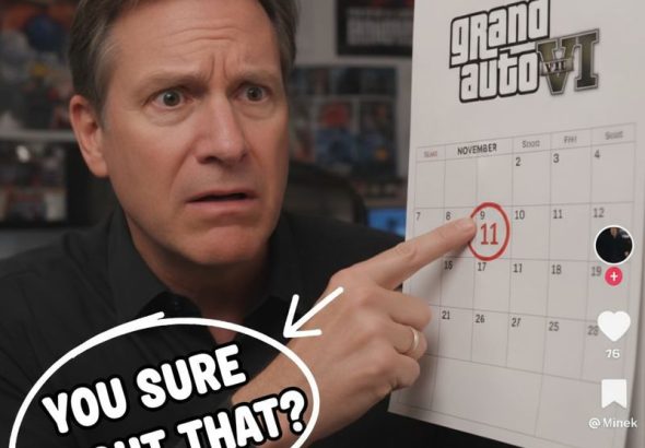 당황한 테이크투 CEO가 11월 GTA 6 출시일을 밝히는 장면, 'You sure about that?' 자막과 달력이 함께 나옴