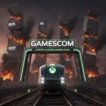 엑스박스 로고 기차가 Gamescom으로 달리며 뒤에서는 스튜디오 빌딩이 불타고 있다