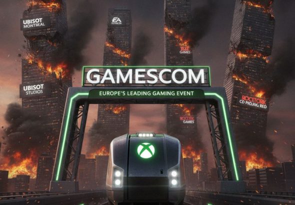 엑스박스 로고 기차가 Gamescom으로 달리며 뒤에서는 스튜디오 빌딩이 불타고 있다