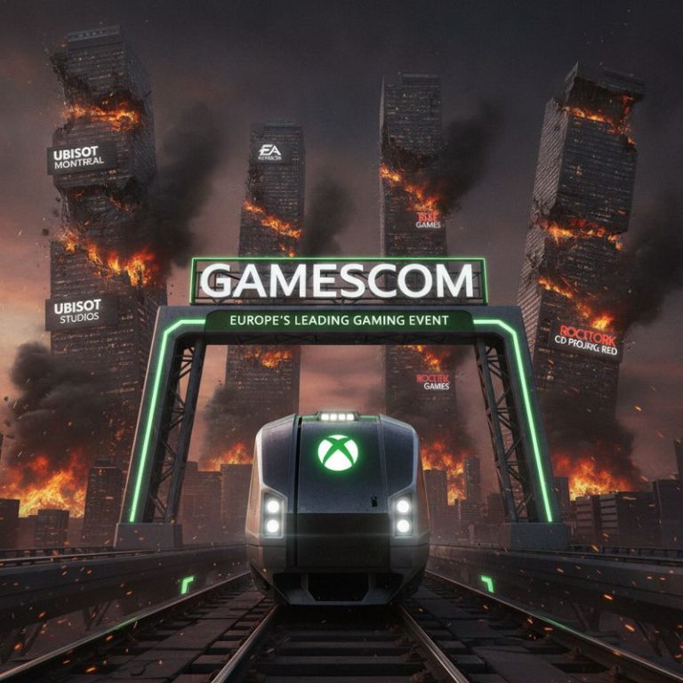 엑스박스 로고 기차가 Gamescom으로 달리며 뒤에서는 스튜디오 빌딩이 불타고 있다