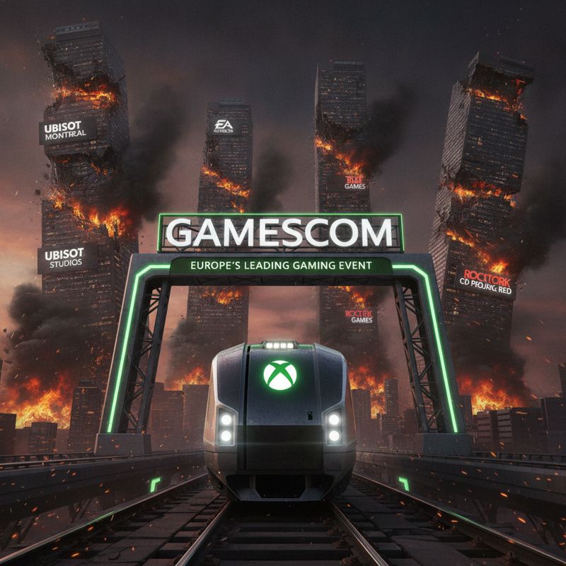 엑스박스 로고 기차가 Gamescom으로 달리며 뒤에서는 스튜디오 빌딩이 불타고 있다