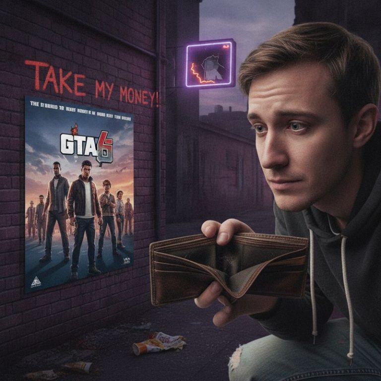 텅 빈 지갑을 든 사람이 GTA 6 커버를 보고 있는 장면과 'Take my money!'