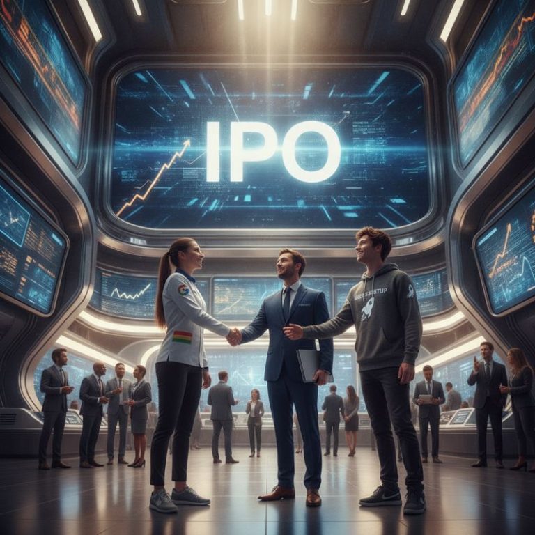 다양한 경력의 인재들이 OpenAI IPO 전광판 앞에서 손을 잡는 모습