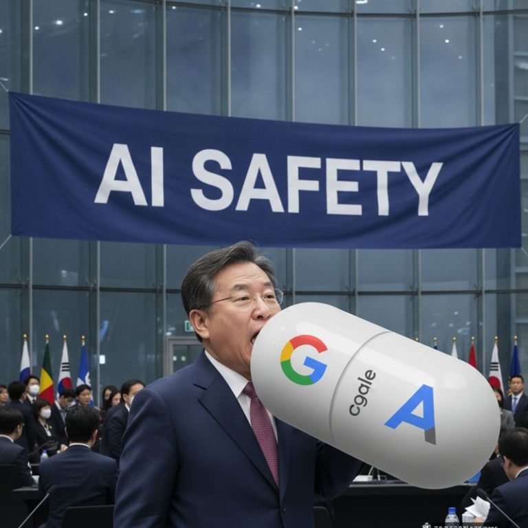 한국 정부, 글로벌 AI 기업들과 협력한다고 크게 외치지만 실제론 거대한 알약을 삼키는 모습.