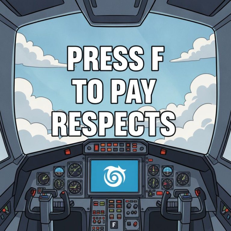 Ubisoft 로고가 그려진 비행기가 구름 사이를 날고 있고, 화면에는 'Press F to pay respects'라는 텍스트가 떠 있다.