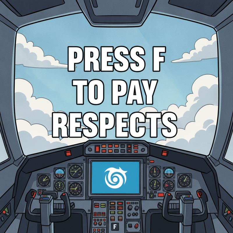 Ubisoft 로고가 그려진 비행기가 구름 사이를 날고 있고, 화면에는 'Press F to pay respects'라는 텍스트가 떠 있다.