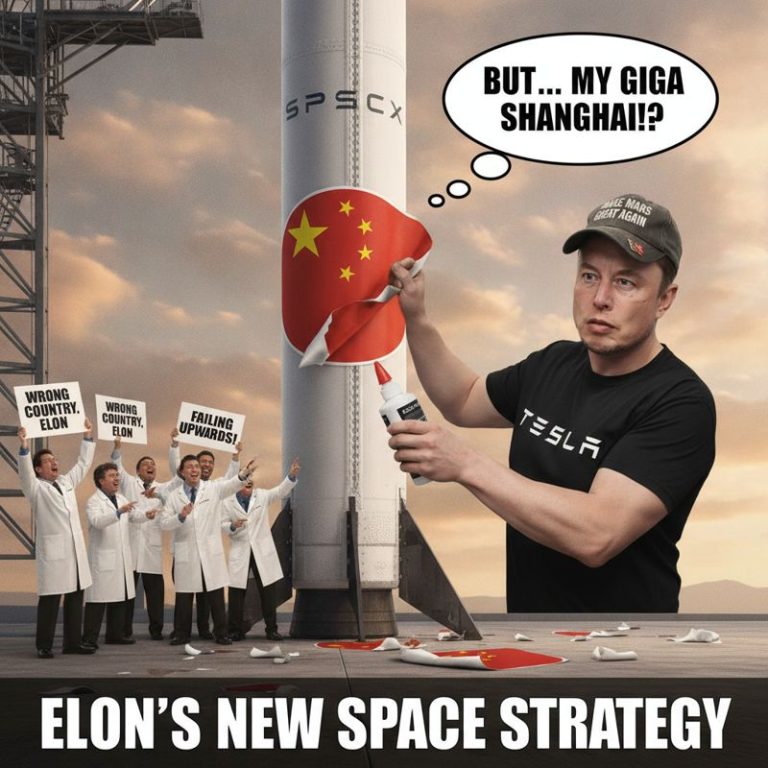 어리둥절해 하는 머스크가 SpaceX 로켓에 중국 국기 스티커를 붙이는 장면