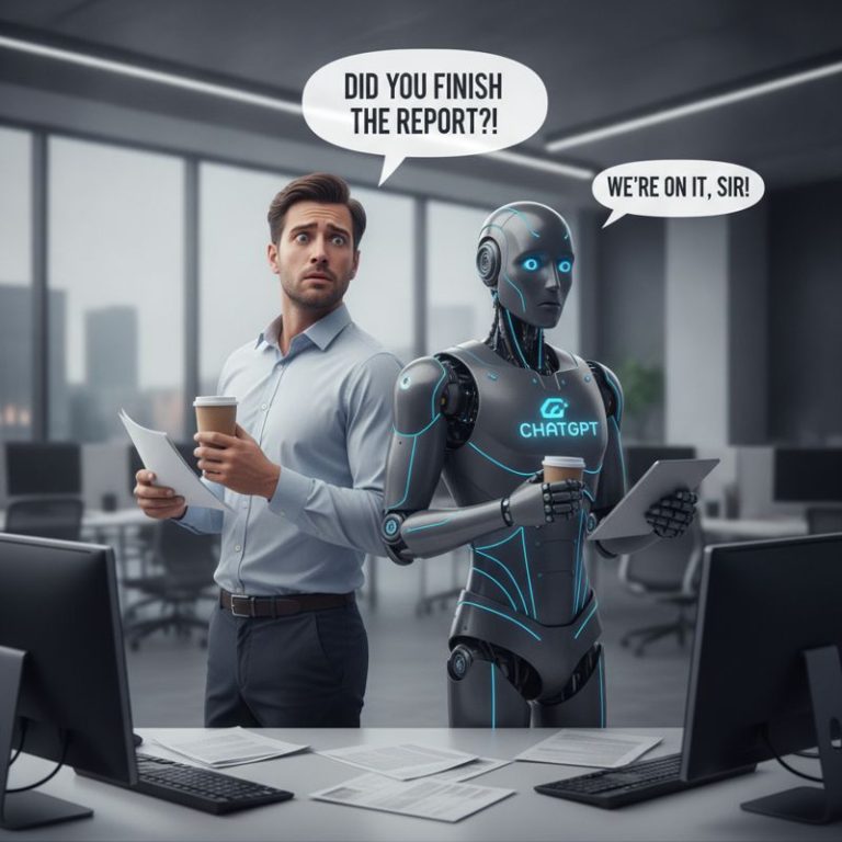 인간과 AI 직원이 같이 커피를 마시며 눈치를 보는 사무실 풍경