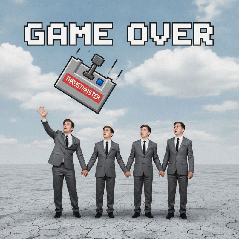 비행기 대신 게임 컨트롤러가 추락하는 하늘 아래, Ubisoft 형제들이 손을 맞잡고 클로드가 떠나는 모습을 보는 패러디 이미지