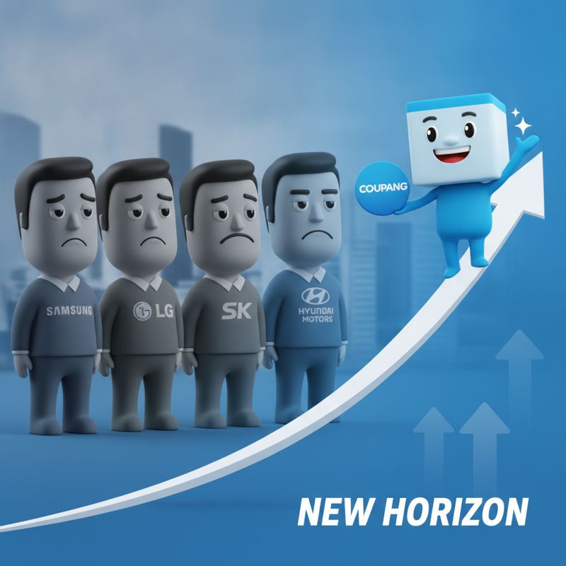 시무룩한 대기업 임직원들과, 들뜬 표정의 쿠팡 택배 상자 캐릭터