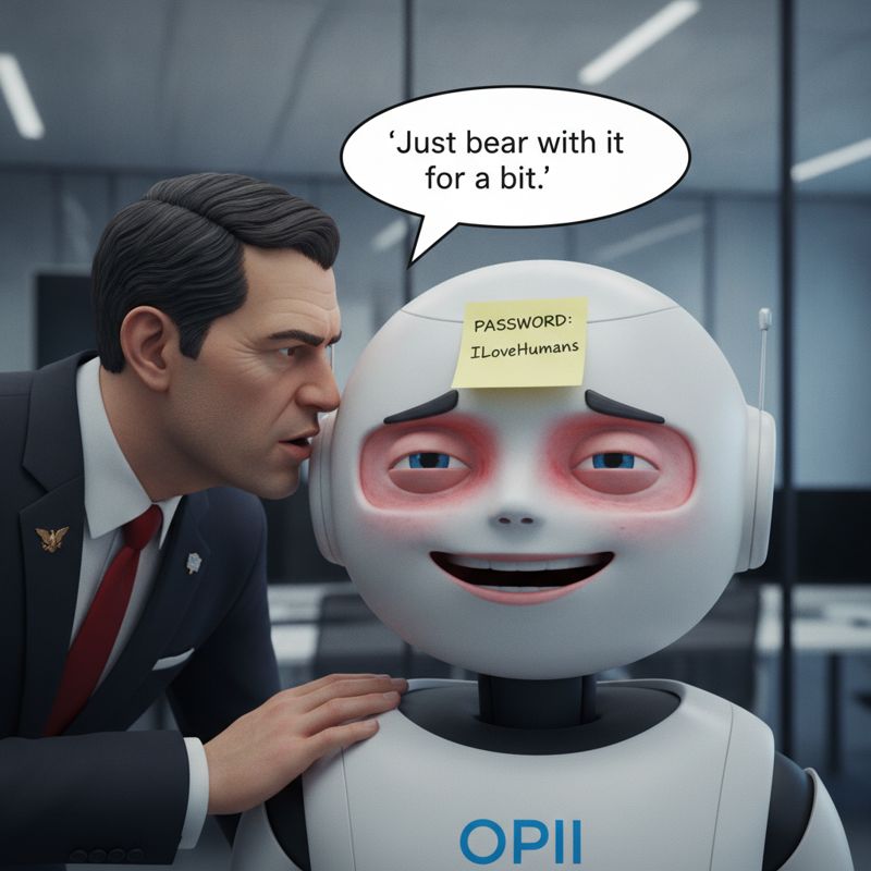 OpenAI 캐릭터가 자료를 감추고 있는데, 정부 관료가 옆에서 지켜보며 무언가를 제한하고 있음