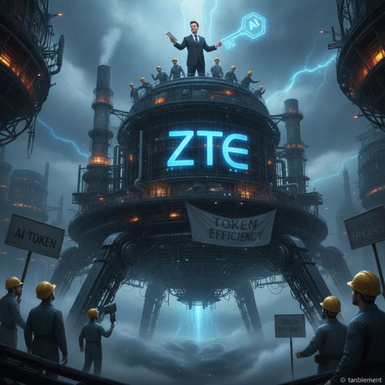 ZTE 로고가 새겨진 거대한 공장에서 임원이 토큰 열쇠를 흔드는 모습. 주변에 토큰 이코노미 플랜카드와 어리둥절한 엔지니어들.