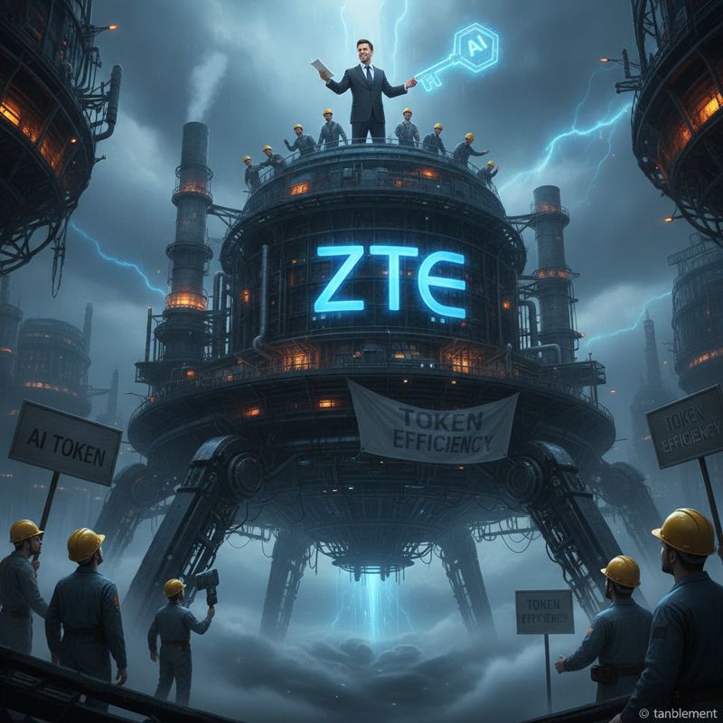 ZTE 로고가 새겨진 거대한 공장에서 임원이 토큰 열쇠를 흔드는 모습. 주변에 토큰 이코노미 플랜카드와 어리둥절한 엔지니어들.