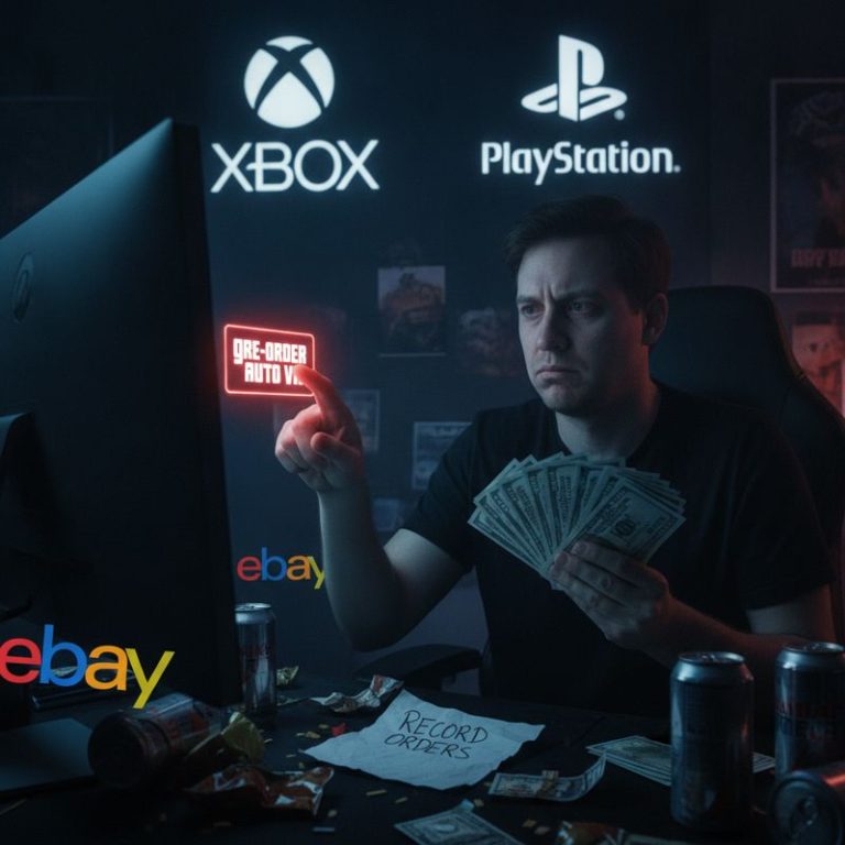 돈다발을 쥐고 GTA 6 예약을 클릭하는 표정관리 안 되는 게이머, Xbox/PS5 로고 배경 및 eBay 로고