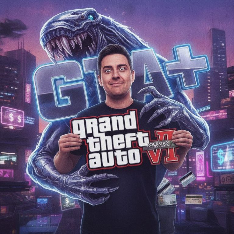 GTA 6 포스터를 들고 있지만, GTA+ 로고가 그의 신용카드를 뺏어가는 만화