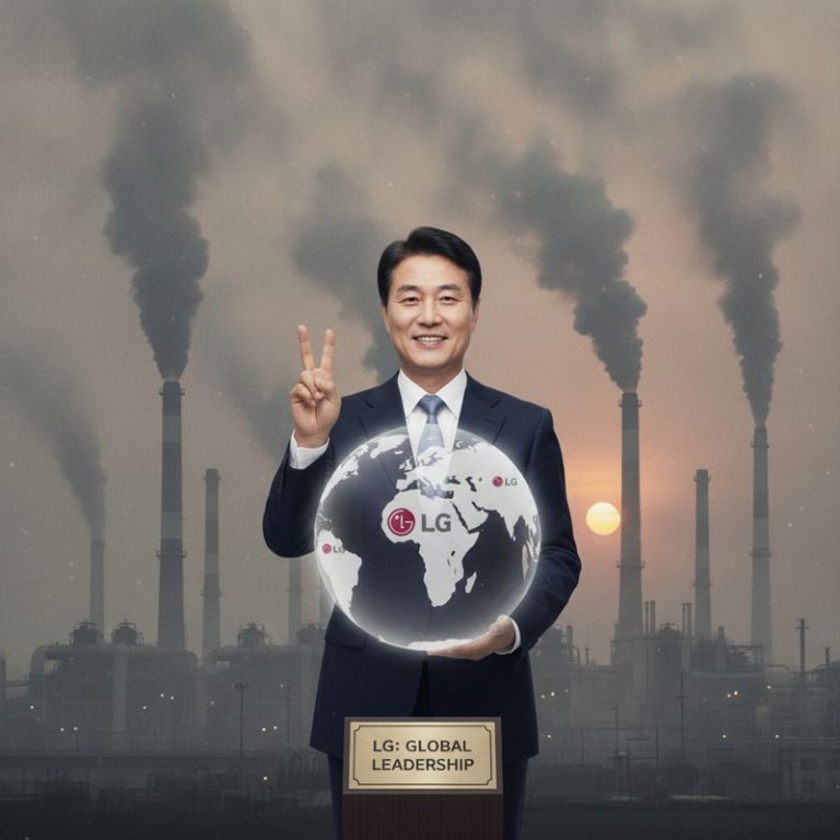 지구본을 든 임원이 미소 짓고 있지만 뒤에는 연기가 나는 공장 굴뚝