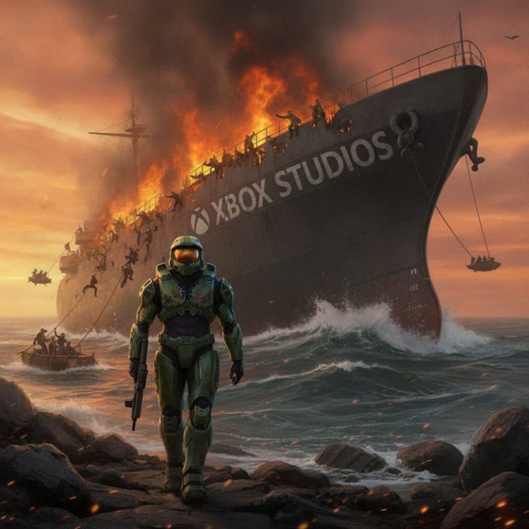 마스터 치프가 불타는 Xbox 스튜디오 배를 등지며 걷고 있고, 배 위 개발자들이 급히 탈출하고 있다.