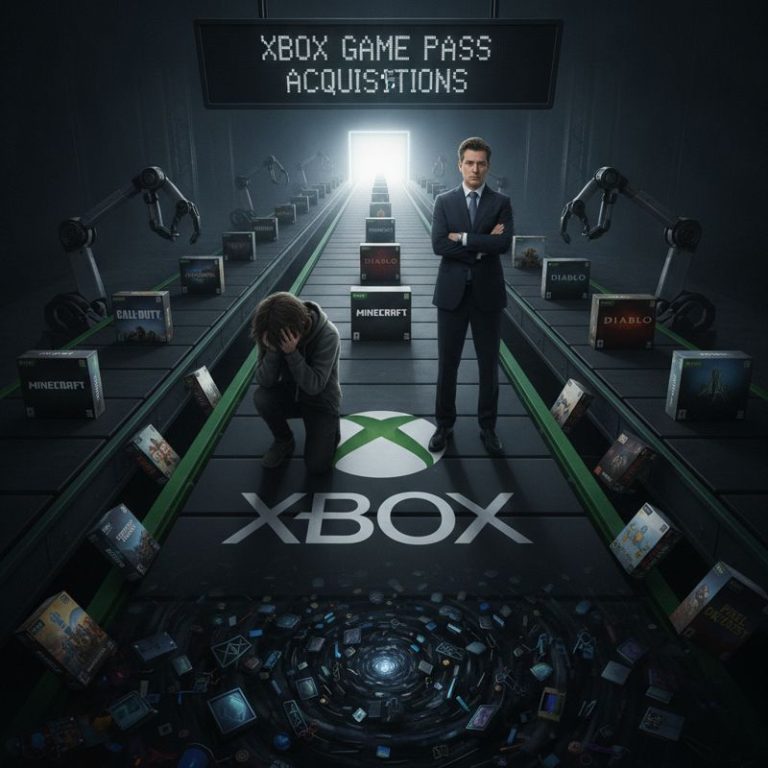 거대한 Xbox 로고 컨베이어 벨트에 인기 게임만 통과, 나머지는 폐기되는 풍경