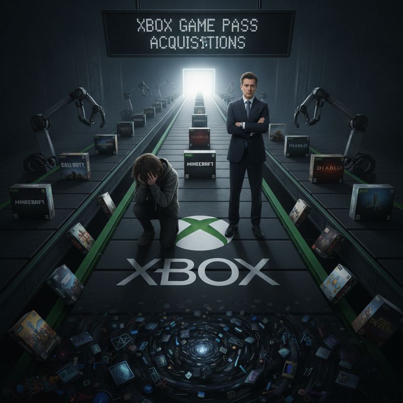 거대한 Xbox 로고 컨베이어 벨트에 인기 게임만 통과, 나머지는 폐기되는 풍경