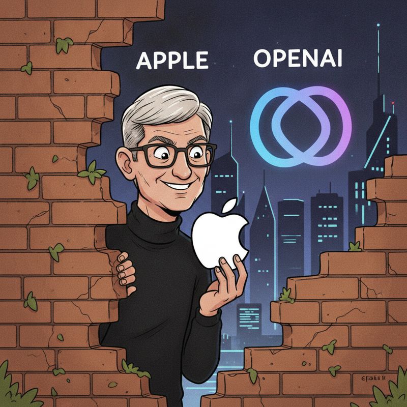 Apple CEO가 벽 뒤에서 OpenAI 로고를 엿보는 장면