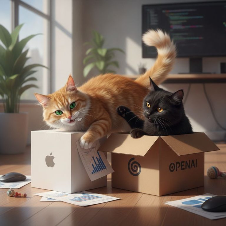 Apple 상자와 OpenAI 상자를 두고 싸우는 고양이, 한 마리는 기밀 문서를 물고 있다