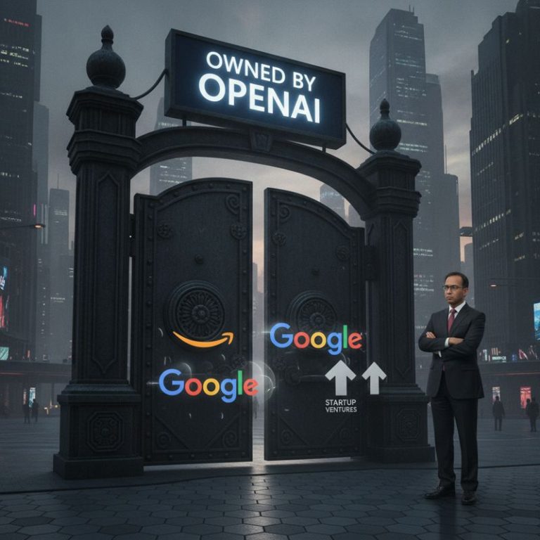여러 기업 로고들이 'OPENAI 소유' 간판이 붙은 문 앞에서 서 있고, MS CEO가 멀리서 팔짱을 끼고 이를 쳐다보고 있다.