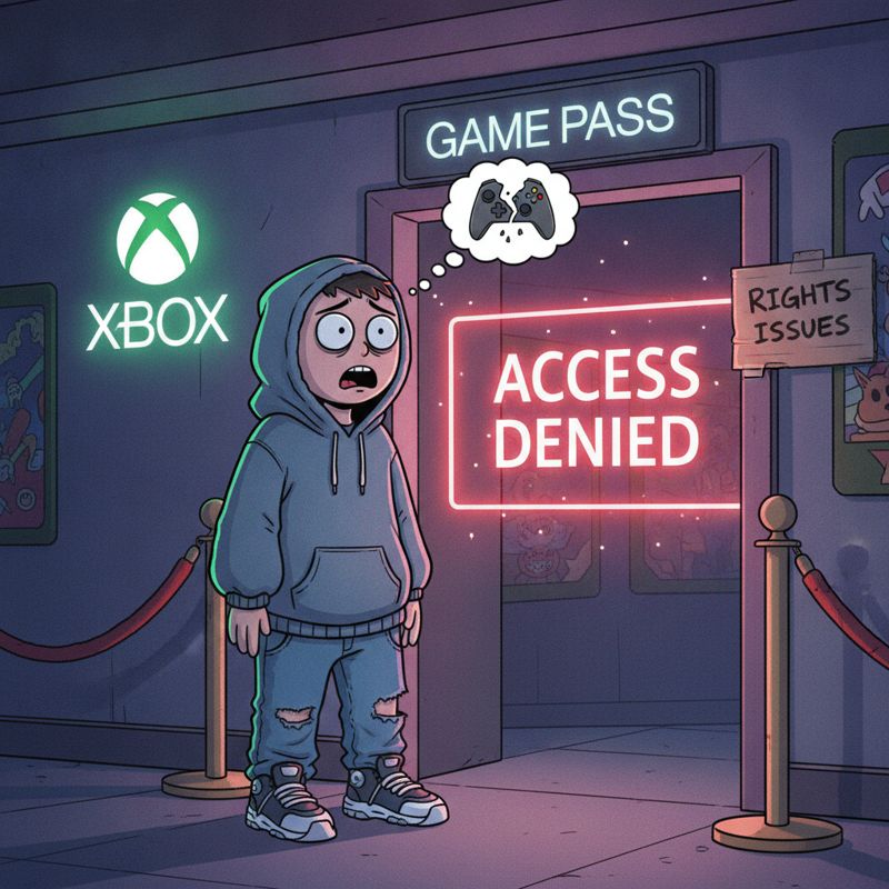 Tony Hawk 차림의 캐릭터가 Game Pass 문 밖에서 허탈하게 서있는 이미지, 주변에 Xbox 로고와 '권리 문제' 표지판