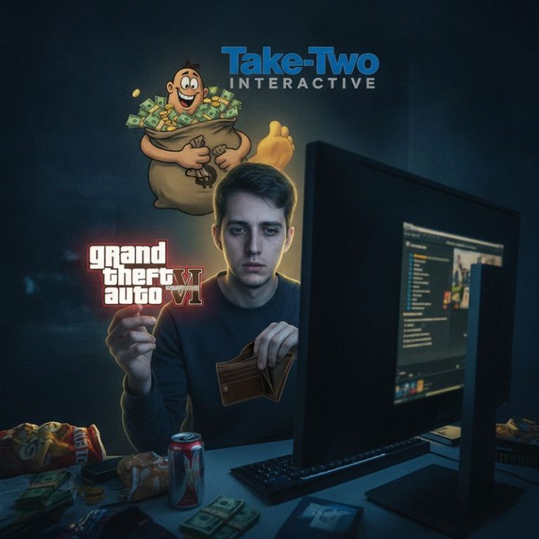 GTA 6 로고와 빈 지갑을 든 게이머, 뒤엔 돈다발을 안은 Take-Two 로고 캐릭터