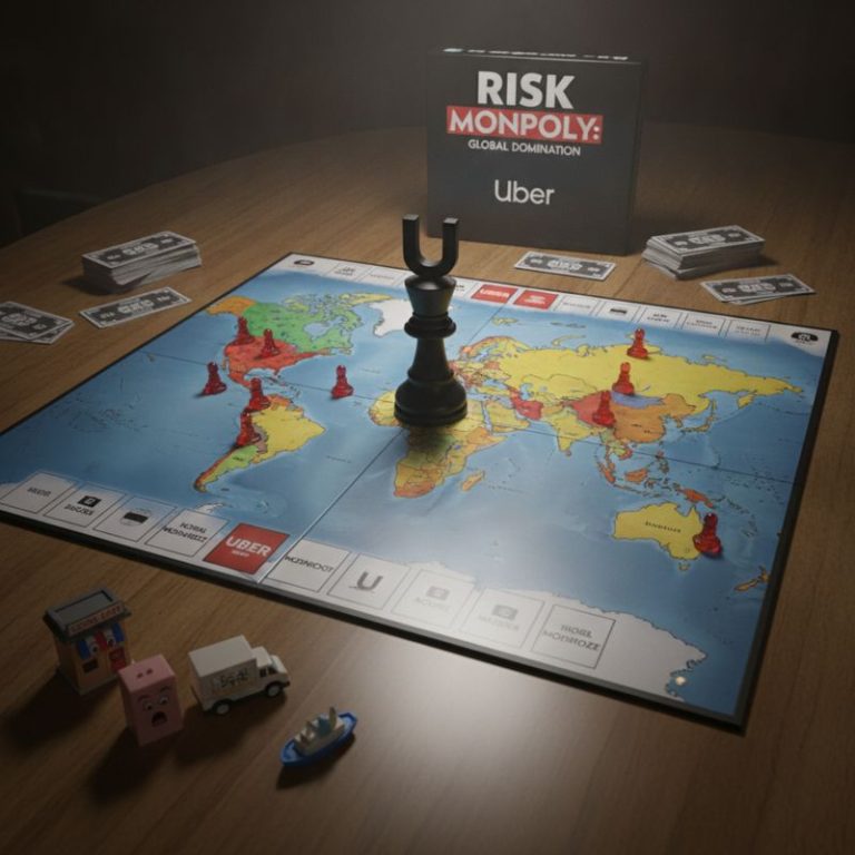 Monopoly 보드 게임에서 Uber가 말판을 독점하고 다른 플레이어들이 당황한 모습