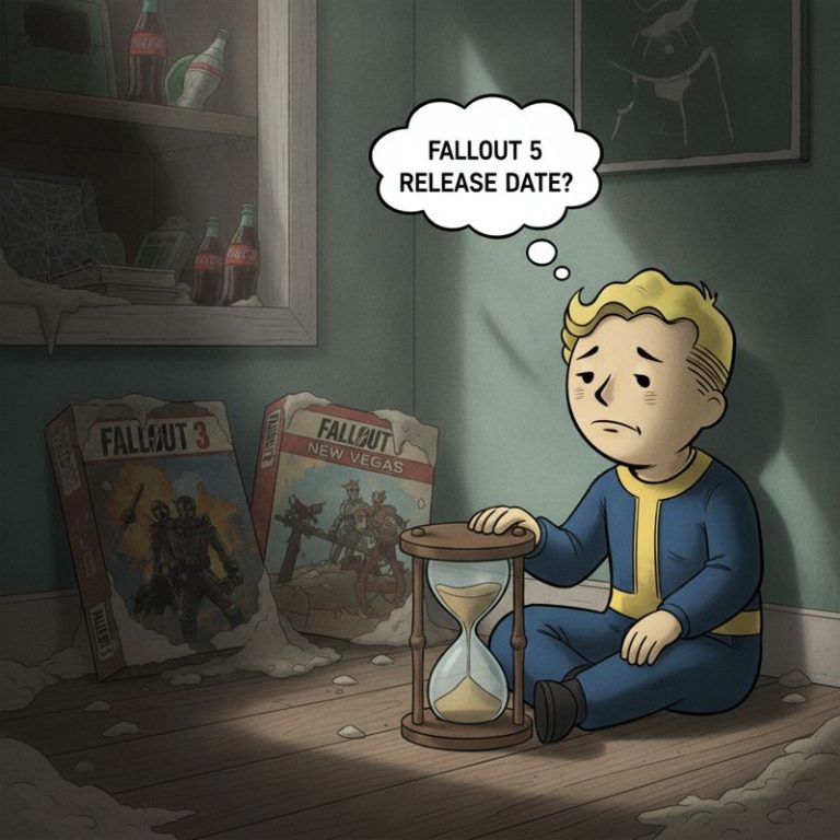 볼트보이가 모래시계를 멍하니 보면서 Fallout 5 출시를 기다리는 밈 이미지