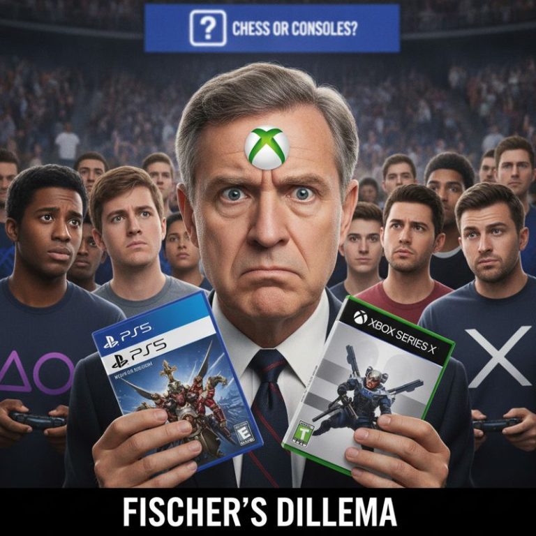 Xbox 로고를 단 남성이 PS5와 Xbox 게임을 들고 혼란스러워하고 있다