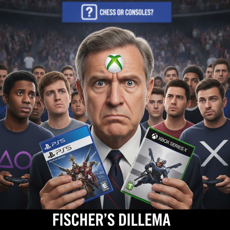 Xbox 로고를 단 남성이 PS5와 Xbox 게임을 들고 혼란스러워하고 있다