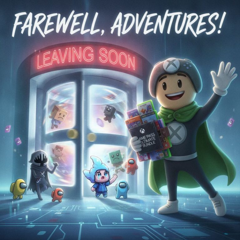 Xbox Game Pass가 여러 인기 게임을 회전문 밖으로 내보내는 장면과 슬픈 게임 캐릭터들