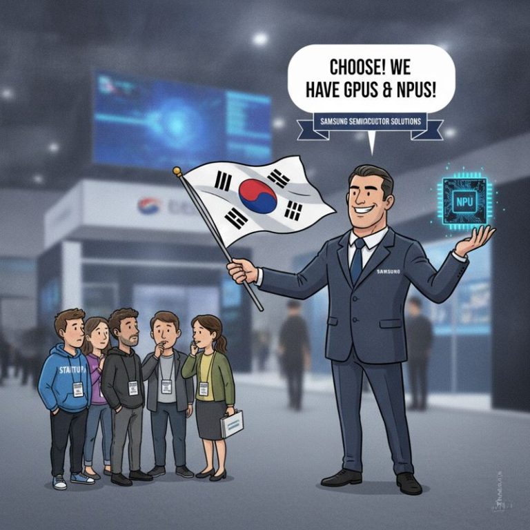 삼성 로고 캐릭터가 국산 NPU 칩을 자랑하며 고객들에게 선택을 강권하는 장면