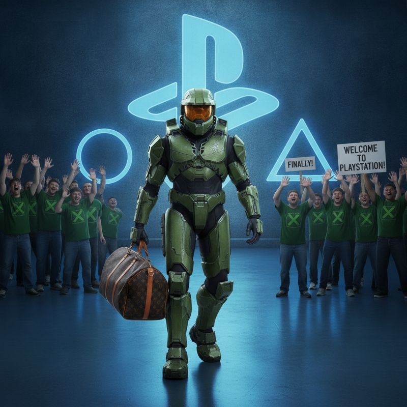 마스터 치프가 PS 심볼 앞을 걷고 있고, Xbox 팬들이 어색하게 손을 흔드는 모습의 밈 이미지