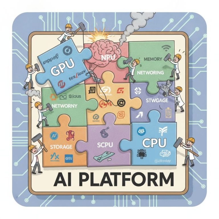 여러 xPU 장치들이 억지로 하나로 맞춰진 퍼즐 위에 'AI 플랫폼'이라고 적혀 있고, 사람들이 바쁘게 움직이며 고치고 있는 모습