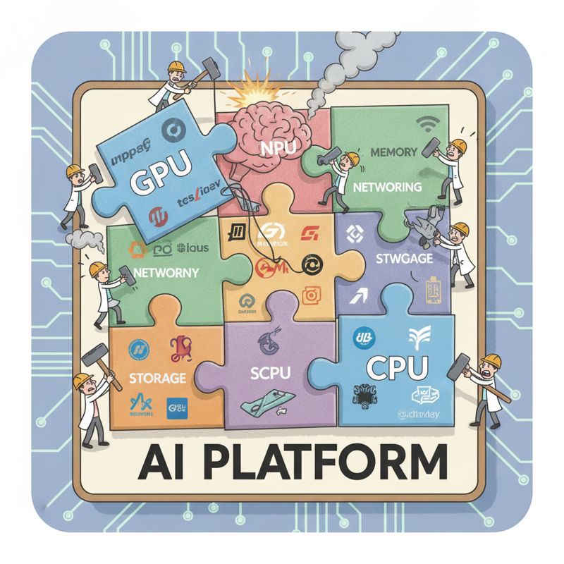 여러 xPU 장치들이 억지로 하나로 맞춰진 퍼즐 위에 'AI 플랫폼'이라고 적혀 있고, 사람들이 바쁘게 움직이며 고치고 있는 모습
