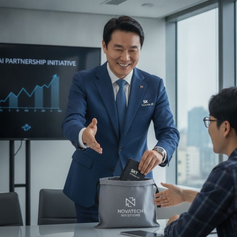 SKT 로고를 붙인 인물이 스타트업에게 도움 준다며 손 내미는 동시에 자사 AI 모델을 슬쩍 건네는 모습