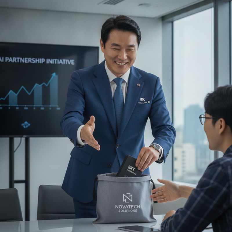 SKT 로고를 붙인 인물이 스타트업에게 도움 준다며 손 내미는 동시에 자사 AI 모델을 슬쩍 건네는 모습