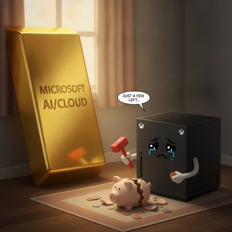 AI와 클라우드는 돈을 쓸어담고, Xbox는 빈 저금통을 들고 한숨 쉬는 그림